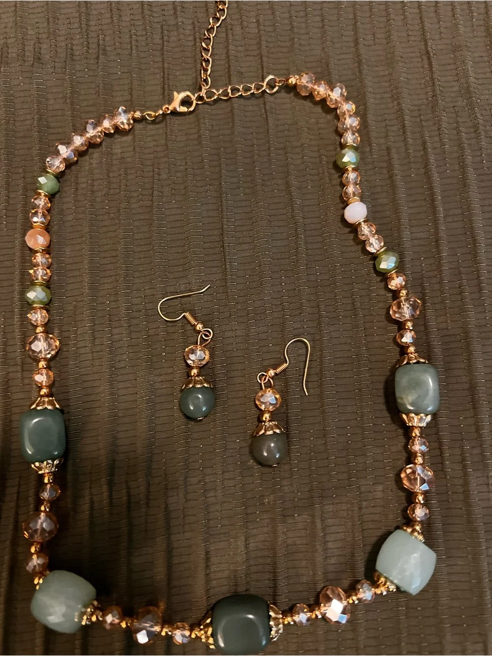 Gold-Tone Green Bead Necklace & Earrings Set